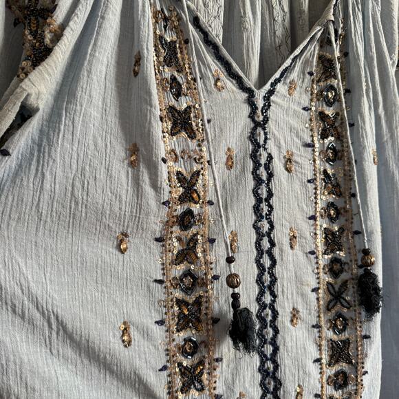 CALYPSO ST. BARTH | Blue Gauze Beaded Boho Peasant Top Short Sleeve  Medium - Picture 4 of 9